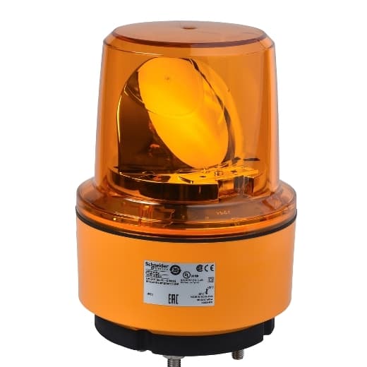 Schneider Electric XVR13J05 Schneider Electric XVR13J05 is a revolving warning light, part of the XVR sub-range, designed with a squared-off dome shape. This rotating mirror beacon features a degree of protection rated at IP66, ensuring its durability against dust and water ingress. It has a diameter of 130 mm and operates on a control and supply voltage of 12 Vdc. The light emitted by this device is orange in color. Schneider Electric XVR13J05 Schneider Electric XVR13J05 is a revolving warning light, part of the XVR sub-range, designed with a squared-off dome shape. This rotating mirror beacon features a degree of protection rated at IP66, ensuring its durability against dust and water ingress. It has a diameter of 130 mm and operates on a control and supply voltage of 12 Vdc. The light emitted by this device is orange in color.