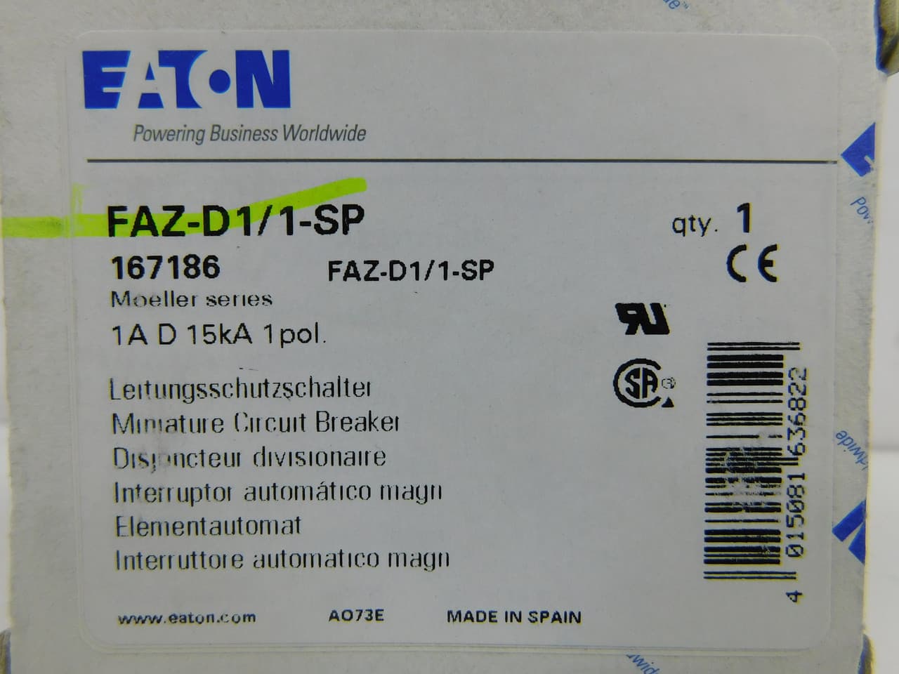 Eaton FAZ-D1/1-SP Eaton FAZ supplementary protector,UL 1077 Industrial miniature circuit breaker-supplementary protector,Single package,High levels of inrush current are expected,1 A,15 kAIC,Single-pole,277 V,10-20X/n,Q38,50-60 Hz,Standard terminals,D Curve Eaton FAZ-D1/1-SP Eaton FAZ supplementary protector,UL 1077 Industrial miniature circuit breaker-supplementary protector,Single package,High levels of inrush current are expected,1 A,15 kAIC,Single-pole,277 V,10-20X/n,Q38,50-60 Hz,Standard terminals,D Curve