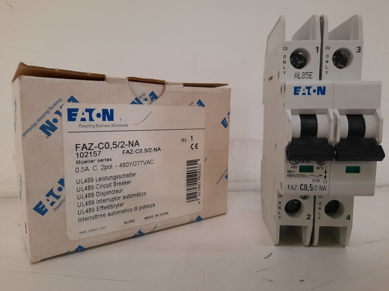Eaton FAZ-C0.5/2-NA 277/480 VAC 50/60 Hz, 0.5 A, 2-Pole, 10/14 kA, 5 to 10 x Rated Current, Screw Terminal, DIN Rail Mount, Standard Packaging, C-Curve, Current Limiting, Thermal Magnetic Eaton FAZ-C0.5/2-NA 277/480 VAC 50/60 Hz, 0.5 A, 2-Pole, 10/14 kA, 5 to 10 x Rated Current, Screw Terminal, DIN Rail Mount, Standard Packaging, C-Curve, Current Limiting, Thermal Magnetic