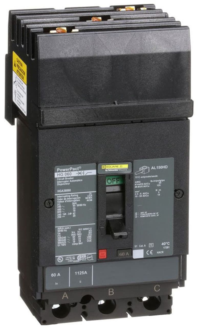 Schneider Electric HGA36060 Square D by Schneider Electric HGA36060 is a Moulded Case Circuit Breaker (MCCB) from the PowerPacT HGA sub-range, designed with a PowerPact H-Frame 150 TMD 3P 60A 600Vac/500Vdc 18kA I-line ABC 80% rated. It features a 3-pole (3P) configuration and offers thermal protection for overload and magnetic protection for short-circuit scenarios. The rated current is 60A, with a rated insulation voltage (Ui) of 750 V and rated voltages of 600Vac 600Y/347Vac for AC and 500Vdc for DC. This breaker mounts on I-line with line side isolated plug-on jaws plus a mechanical I-Line bracket mechanism, ensuring a robust attachment. It has a net height of 163 mm, a width of 104 mm, and a depth of 86 mm. The degree of protection is IP40, and it operates manually via a toggle. Protection settings include over-current fixed at 60A, short-circuit hold current fixed at 800A, and short-circuit trip current fixed at 1450A. The rated operating voltage (Ue) is 690 V, with a rated impulse voltage (Uimp) of 8 kV. The trip current rating is 60 AT, with a frame current rating of 150 AF. Its short circuit breaking rating varies by voltage, including 65kA at 240Vac, 35kA at 480Vac and 480Y/277Vac, 18kA at 600Vac and 600Y/347Vac, and 20kA at 250Vdc and 500Vdc, all under UL489. The trip unit type is thermal-magnetic (fixed), with no display, and it falls under utilisation category A. Schneider Electric HGA36060 Square D by Schneider Electric HGA36060 is a Moulded Case Circuit Breaker (MCCB) from the PowerPacT HGA sub-range, designed with a PowerPact H-Frame 150 TMD 3P 60A 600Vac/500Vdc 18kA I-line ABC 80% rated. It features a 3-pole (3P) configuration and offers thermal protection for overload and magnetic protection for short-circuit scenarios. The rated current is 60A, with a rated insulation voltage (Ui) of 750 V and rated voltages of 600Vac 600Y/347Vac for AC and 500Vdc for DC. This breaker mounts on I-line with line side isolated plug-on jaws plus a mechanical I-Line bracket mechanism, ensuring a robust attachment. It has a net height of 163 mm, a width of 104 mm, and a depth of 86 mm. The degree of protection is IP40, and it operates manually via a toggle. Protection settings include over-current fixed at 60A, short-circuit hold current fixed at 800A, and short-circuit trip current fixed at 1450A. The rated operating voltage (Ue) is 690 V, with a rated impulse voltage (Uimp) of 8 kV. The trip current rating is 60 AT, with a frame current rating of 150 AF. Its short circuit breaking rating varies by voltage, including 65kA at 240Vac, 35kA at 480Vac and 480Y/277Vac, 18kA at 600Vac and 600Y/347Vac, and 20kA at 250Vdc and 500Vdc, all under UL489. The trip unit type is thermal-magnetic (fixed), with no display, and it falls under utilisation category A.