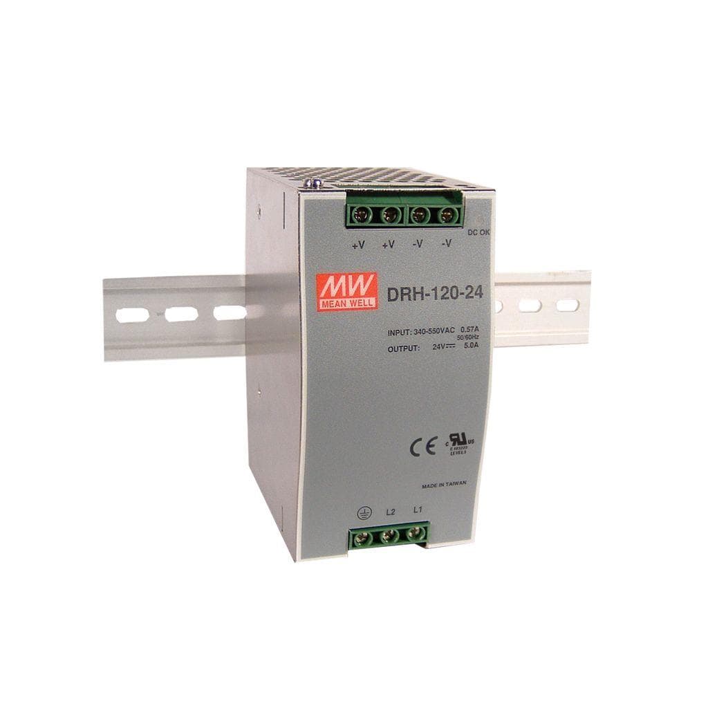 MEAN WELL DRH-120-24 AC-DC Industrial DIN rail power supply; Output 24Vdc at 5A; metal case; 2-phase wide input; DRH-120-24 is succeeded by WDR-120-24. MEAN WELL DRH-120-24 AC-DC Industrial DIN rail power supply; Output 24Vdc at 5A; metal case; 2-phase wide input; DRH-120-24 is succeeded by WDR-120-24.