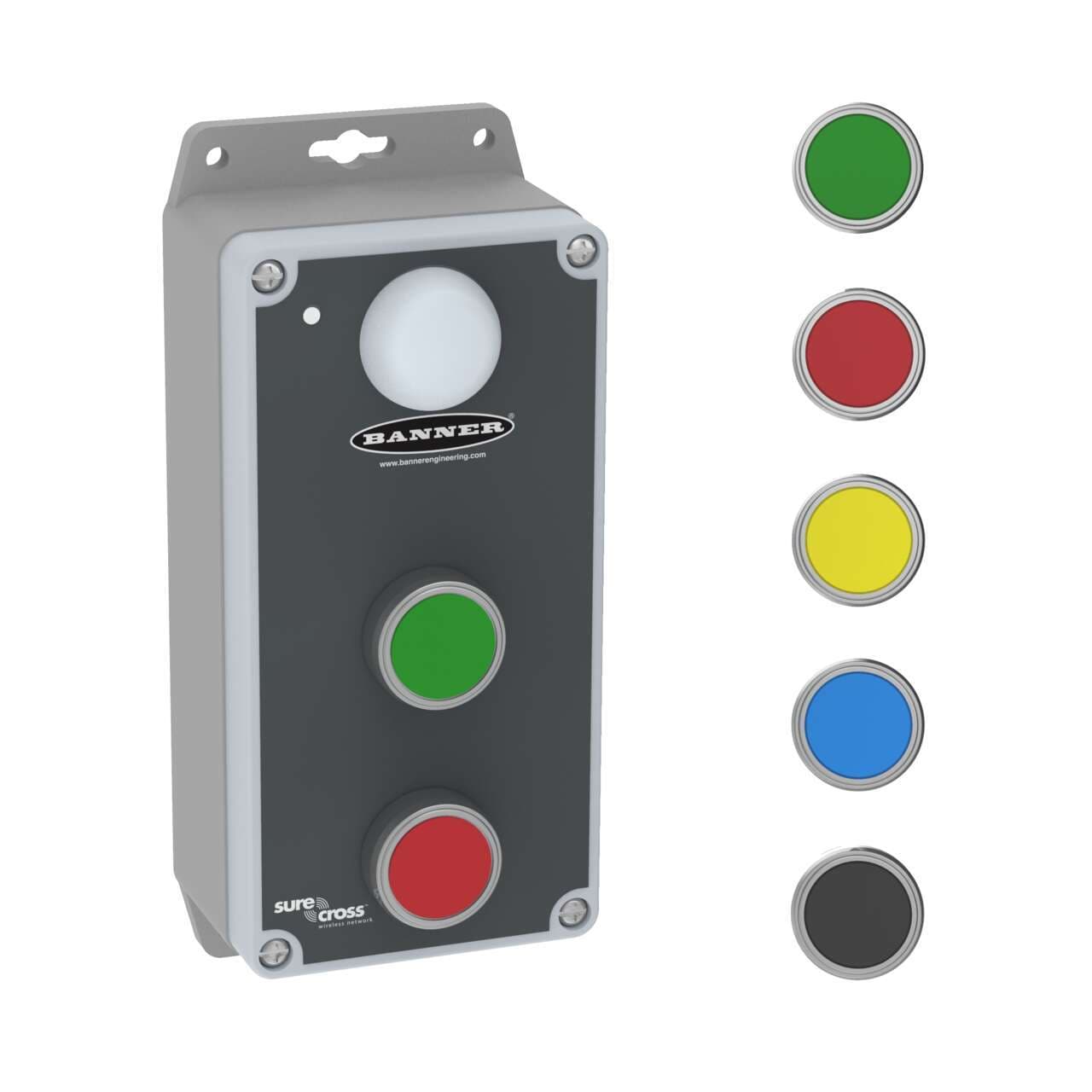 Banner DX80N9Q120PPB11 Wireless Q120 Pendant Node 900 Mhz; Integrated Battery; Two Operator Inputs (2 Flush Push Buttons); Four Color LED Indicator Light Output Banner DX80N9Q120PPB11 Wireless Q120 Pendant Node 900 Mhz; Integrated Battery; Two Operator Inputs (2 Flush Push Buttons); Four Color LED Indicator Light Output