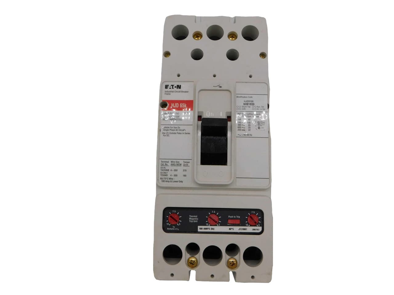 Eaton HJD3100 HJD3100 Eaton - Eaton Series C complete molded case circuit breaker, J-frame, HJD, Complete breaker, Fixed thermal, Fixed magnetic trip type, Three-pole, 100 A, 600 Vac, 250 Vdc, 100 kAIC at 240 Vac, 65 kAIC at 480 Vac, 50/60 Hz Eaton HJD3100 HJD3100 Eaton - Eaton Series C complete molded case circuit breaker, J-frame, HJD, Complete breaker, Fixed thermal, Fixed magnetic trip type, Three-pole, 100 A, 600 Vac, 250 Vdc, 100 kAIC at 240 Vac, 65 kAIC at 480 Vac, 50/60 Hz