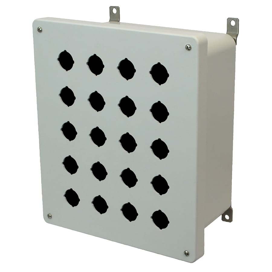 Allied Moulded Products AM1206P20 12"x10"x6" AM Series fiberglass wall mount enclosure assembly with 4-screw lift-off cover and 20 pushbutton holes Allied Moulded Products AM1206P20 12"x10"x6" AM Series fiberglass wall mount enclosure assembly with 4-screw lift-off cover and 20 pushbutton holes