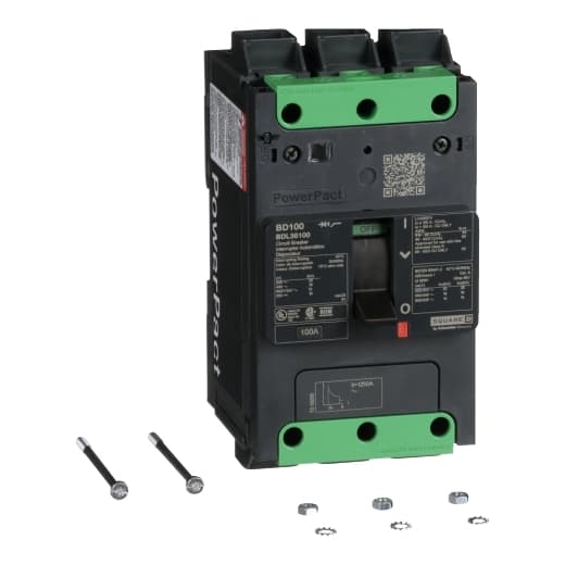 Schneider Electric BDL36100 Square D by Schneider Electric BDL36100 is a Moulded Case Circuit Breaker (MCCB) within the PowerPacT BDL sub-range, featuring a PowerPact B-Frame 100 TMD 3P 100A design for 600Y/347Vac with a 14kA short circuit breaking rating and Everlink (Creep compensating) lugs on both line and load sides. It has a rated impulse voltage (Uimp) of 8 kV, an IP40 degree of protection, and a rated current of 100A. This MCCB is designed for fixed mounting on DIN rails or as an individual unit mount on plates, with three poles (3P) and dimensions of 137 mm in height, 80 mm in depth, and 81 mm in width. It operates within a utilisation category A, with a rated insulation voltage (Ui) of 800 V, a rated operating voltage (Ue) of 525 V, and offers thermal and magnetic protection functions. The trip current rating is 100 AT, with a frame current rating of 100 AF, and it operates via a toggle (manual) mode. Its electrical durability with load is rated for 10,000 operations at 440Vac; In, and it has a mechanical durability of 20,000 operations at no load. The protection settings include over-current fixed at 100A, short-circuit hold current fixed at 1000A, and short-circuit trip current fixed at 1500A, with a trip unit type that is Thermal-Magnetic (fixed) without a display. Schneider Electric BDL36100 Square D by Schneider Electric BDL36100 is a Moulded Case Circuit Breaker (MCCB) within the PowerPacT BDL sub-range, featuring a PowerPact B-Frame 100 TMD 3P 100A design for 600Y/347Vac with a 14kA short circuit breaking rating and Everlink (Creep compensating) lugs on both line and load sides. It has a rated impulse voltage (Uimp) of 8 kV, an IP40 degree of protection, and a rated current of 100A. This MCCB is designed for fixed mounting on DIN rails or as an individual unit mount on plates, with three poles (3P) and dimensions of 137 mm in height, 80 mm in depth, and 81 mm in width. It operates within a utilisation category A, with a rated insulation voltage (Ui) of 800 V, a rated operating voltage (Ue) of 525 V, and offers thermal and magnetic protection functions. The trip current rating is 100 AT, with a frame current rating of 100 AF, and it operates via a toggle (manual) mode. Its electrical durability with load is rated for 10,000 operations at 440Vac; In, and it has a mechanical durability of 20,000 operations at no load. The protection settings include over-current fixed at 100A, short-circuit hold current fixed at 1000A, and short-circuit trip current fixed at 1500A, with a trip unit type that is Thermal-Magnetic (fixed) without a display.