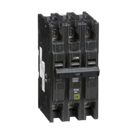 Schneider Electric QOU3100 Square D by Schneider Electric QOU3100 is a miniature circuit breaker (MCB) designed for unit mount installation. It features a 3-pole configuration and is capable of handling a rated current of 100A. This MCB is equipped with slotted box lugs connections for both load and line sides, accommodating a cross-section of 12-2/0AWG(1 cable Al/Cu). It operates at a rated voltage of 120V and 240V for AC circuits, and 60Vdc for DC circuits. The QOU3100 offers a short circuit breaking rating of 10kA at 240Vac and 5kA at 60Vdc, with box lugs as the type of terminals. Schneider Electric QOU3100 Square D by Schneider Electric QOU3100 is a miniature circuit breaker (MCB) designed for unit mount installation. It features a 3-pole configuration and is capable of handling a rated current of 100A. This MCB is equipped with slotted box lugs connections for both load and line sides, accommodating a cross-section of 12-2/0AWG(1 cable Al/Cu). It operates at a rated voltage of 120V and 240V for AC circuits, and 60Vdc for DC circuits. The QOU3100 offers a short circuit breaking rating of 10kA at 240Vac and 5kA at 60Vdc, with box lugs as the type of terminals.