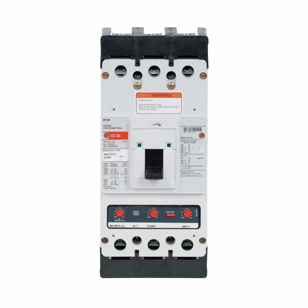 Eaton KD3100S09 Eaton Series C complete molded case circuit breaker, K-frame, KD, Fixed thermal and magnetic trips, Three-pole, 100A, 600 Vac, 250 Vdc, 65 kAIC at 240 Vac, 35 kAIC at 480 Vac, Line/load, 208-380 Vac or 110-127 Vdc same side w/ left pigtail Eaton KD3100S09 Eaton Series C complete molded case circuit breaker, K-frame, KD, Fixed thermal and magnetic trips, Three-pole, 100A, 600 Vac, 250 Vdc, 65 kAIC at 240 Vac, 35 kAIC at 480 Vac, Line/load, 208-380 Vac or 110-127 Vdc same side w/ left pigtail