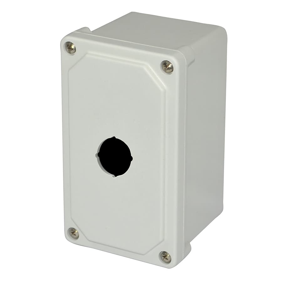 Allied Moulded Products AM1PB 7"x4"x3" AM Series fiberglass small junction box with 4-screw lift-off cover and 1 pushbutton hole Allied Moulded Products AM1PB 7"x4"x3" AM Series fiberglass small junction box with 4-screw lift-off cover and 1 pushbutton hole