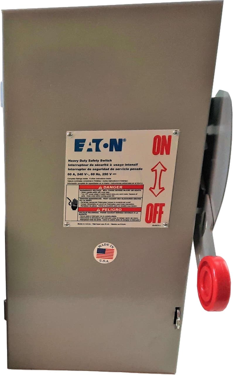 Eaton DH322NGK DH322NGK Eaton - Eaton Heavy duty single-throw fused safety switch, 60 A, NEMA 1, Painted steel, Class H, Fusible, Neutral, Three-pole, Four-wire, 240 V, Max Hp: 3, 7.5/ 10, 15/ 10 hp (1,3PH @Std/TD/250 Vdc), #14-#2 Cu/Al Eaton DH322NGK DH322NGK Eaton - Eaton Heavy duty single-throw fused safety switch, 60 A, NEMA 1, Painted steel, Class H, Fusible, Neutral, Three-pole, Four-wire, 240 V, Max Hp: 3, 7.5/ 10, 15/ 10 hp (1,3PH @Std/TD/250 Vdc), #14-#2 Cu/Al