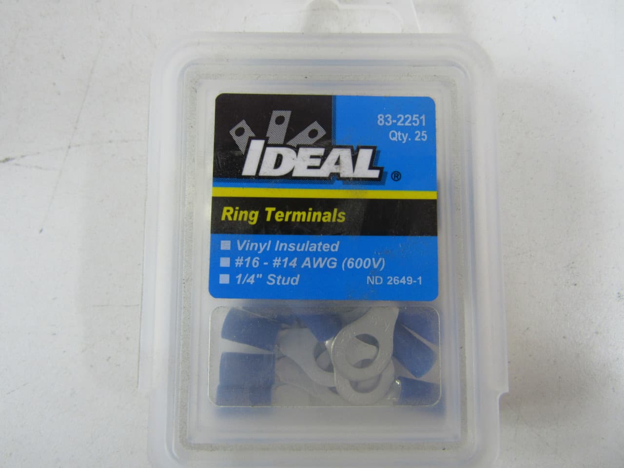 Ideal Industries 83-2251 16 to 14 AWG, 1/4" Stud, 600 V, Blue, Tin Plated Brass, Vinyl Insulated, Crimp, Butted Seam Ideal Industries 83-2251 16 to 14 AWG, 1/4" Stud, 600 V, Blue, Tin Plated Brass, Vinyl Insulated, Crimp, Butted Seam