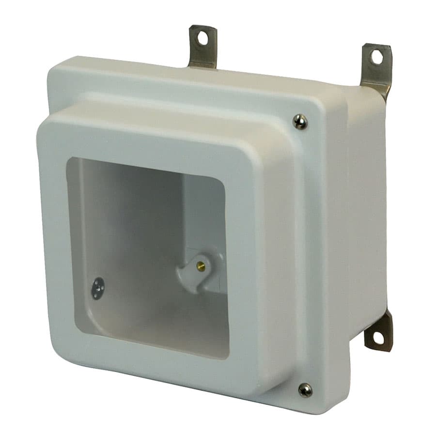 Allied Moulded Products AM664RHW 6"x6"x4" AM Series fiberglass wall mount enclosure assembly with raised 2-screw hinged window cover Allied Moulded Products AM664RHW 6"x6"x4" AM Series fiberglass wall mount enclosure assembly with raised 2-screw hinged window cover