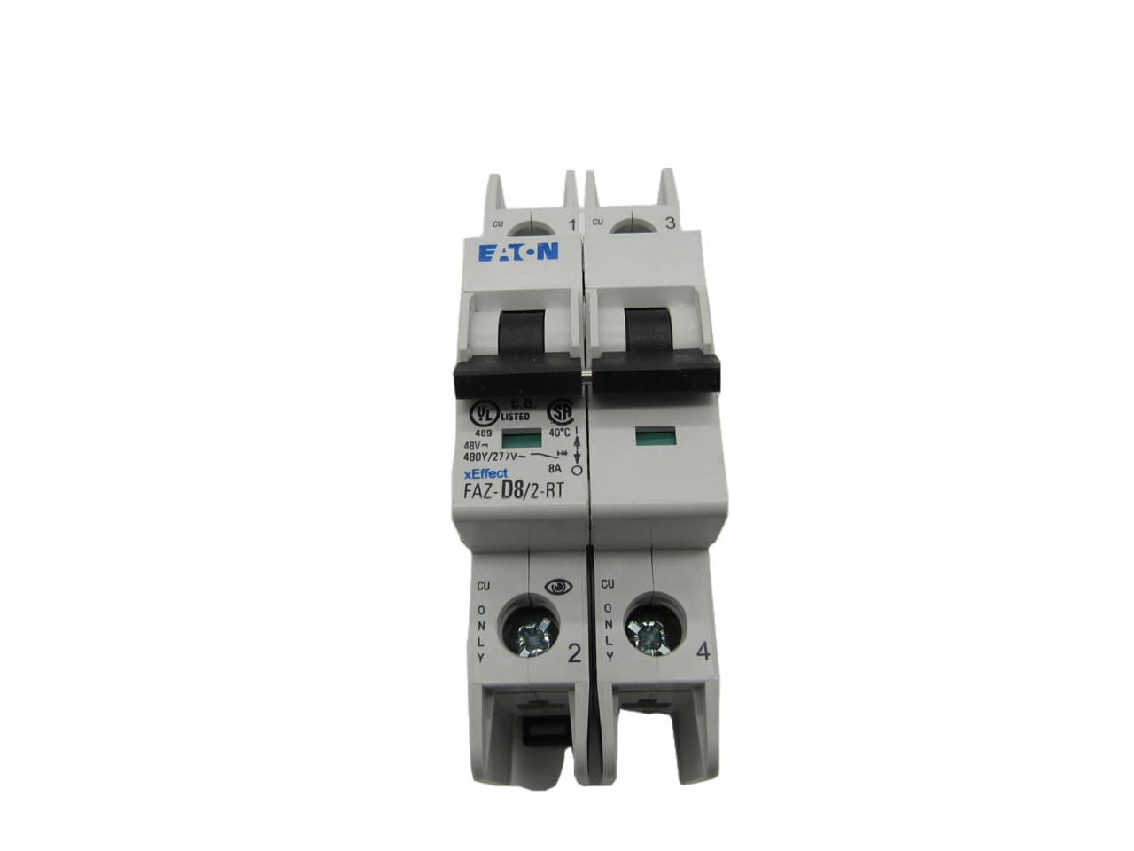 Eaton FAZ-D8/2-RT 277/480 VAC 50/60 Hz, 8 A, 2-Pole, 10/14 kA, 10 to 20 x Rated Current, Ring Tongue Terminal, DIN Rail Mount, Standard Packaging, D-Curve, Current Limiting, Thermal Magnetic Eaton FAZ-D8/2-RT 277/480 VAC 50/60 Hz, 8 A, 2-Pole, 10/14 kA, 10 to 20 x Rated Current, Ring Tongue Terminal, DIN Rail Mount, Standard Packaging, D-Curve, Current Limiting, Thermal Magnetic