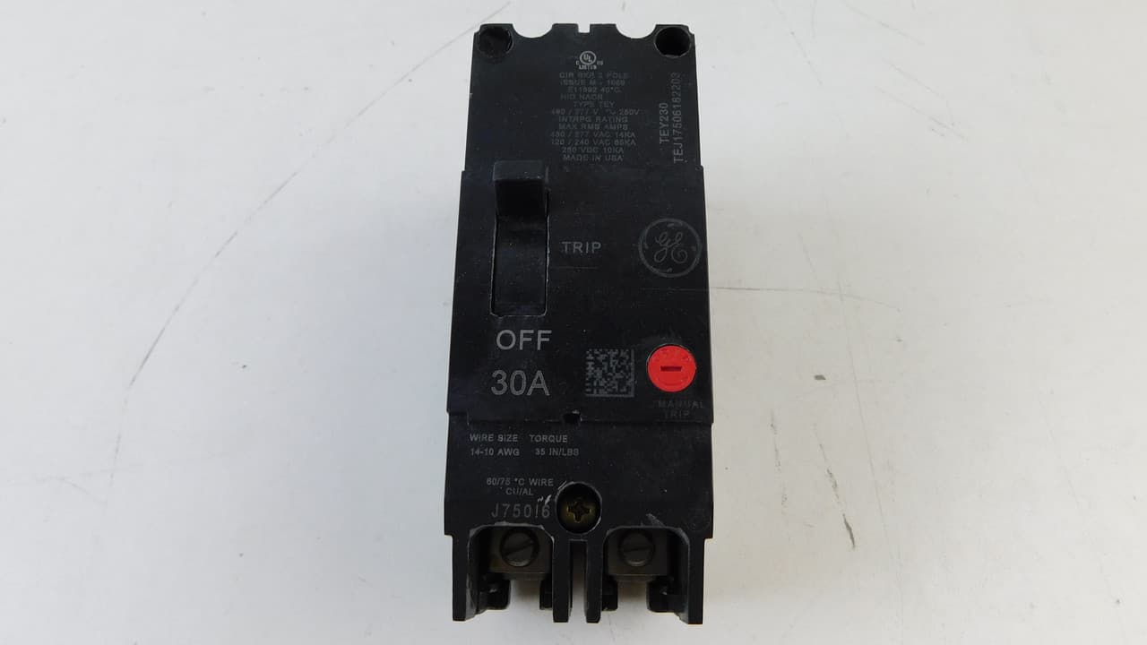 General Electric TEY230 480/277 VAC 3-Phase, 30 A, 65 kA, 2-Pole, Copper/Aluminum Load Lug, Bolt-On Terminal, TEY-Frame, Molded Case, Non-Interchangeable General Electric TEY230 480/277 VAC 3-Phase, 30 A, 65 kA, 2-Pole, Copper/Aluminum Load Lug, Bolt-On Terminal, TEY-Frame, Molded Case, Non-Interchangeable