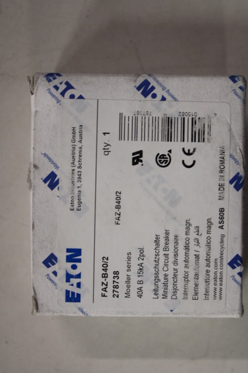 Eaton FAZ-B40/2 Eaton FAZ supplementary protector,UL 1077 Industrial miniature circuit breaker - supplementary protector,Low levels of inrush current are expected,40 A,15 kAIC,Two-pole,3-5X /n,50-60 Hz,Standard terminals,B Curve Eaton FAZ-B40/2 Eaton FAZ supplementary protector,UL 1077 Industrial miniature circuit breaker - supplementary protector,Low levels of inrush current are expected,40 A,15 kAIC,Two-pole,3-5X /n,50-60 Hz,Standard terminals,B Curve