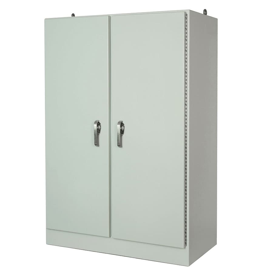 Allied Moulded Products AM724925FSDD 72"x49"x25" Empire Series fiberglass free standing double-door enclosure with hinged cover and stainless-steel 3-point latching handles Allied Moulded Products AM724925FSDD 72"x49"x25" Empire Series fiberglass free standing double-door enclosure with hinged cover and stainless-steel 3-point latching handles