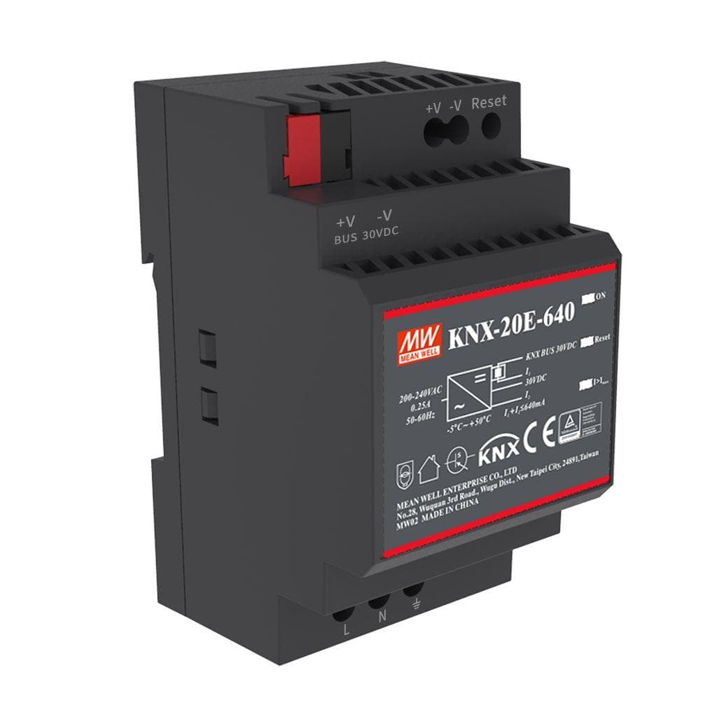 MEAN WELL KNX-20E-640 AC-DC KNX EIB DIN rail power supply with integrated choke; Output 30Vdc at 640mA; plastic case MEAN WELL KNX-20E-640 AC-DC KNX EIB DIN rail power supply with integrated choke; Output 30Vdc at 640mA; plastic case