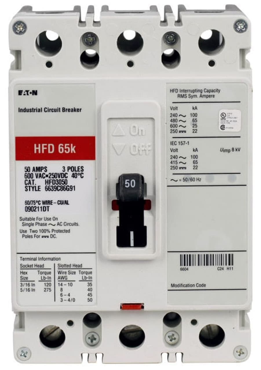 Eaton HFD3200 HFD3200 Eaton - Eaton Series C complete molded case circuit breaker, F-frame, HFD, Complete breaker, Fixed thermal, Fixed magnetic trip type, Three-pole, 200 A, 600 Vac, 250 Vdc, Load side, 50/60 Hz Eaton HFD3200 HFD3200 Eaton - Eaton Series C complete molded case circuit breaker, F-frame, HFD, Complete breaker, Fixed thermal, Fixed magnetic trip type, Three-pole, 200 A, 600 Vac, 250 Vdc, Load side, 50/60 Hz