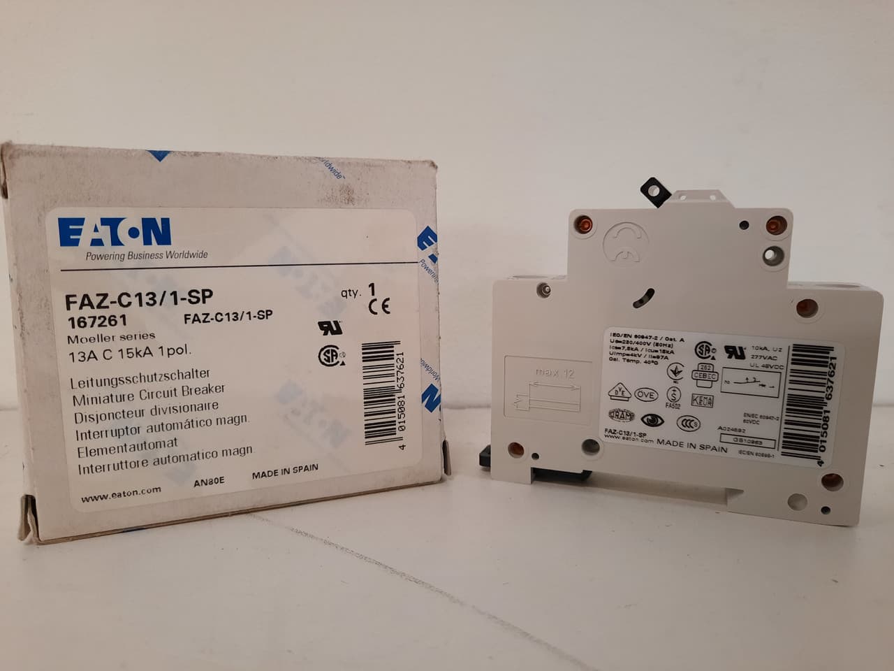 Eaton FAZ-C13/1-SP Eaton FAZ supplementary protector,UL 1077 Industrial miniature circuit breaker-supplementary protector,Single package,Medium levels of inrush current are expected,13A,15 kAIC,Single-pole,277 V,5-10X/n,Q38,50-60 Hz,Standard terminals,C Curve Eaton FAZ-C13/1-SP Eaton FAZ supplementary protector,UL 1077 Industrial miniature circuit breaker-supplementary protector,Single package,Medium levels of inrush current are expected,13A,15 kAIC,Single-pole,277 V,5-10X/n,Q38,50-60 Hz,Standard terminals,C Curve