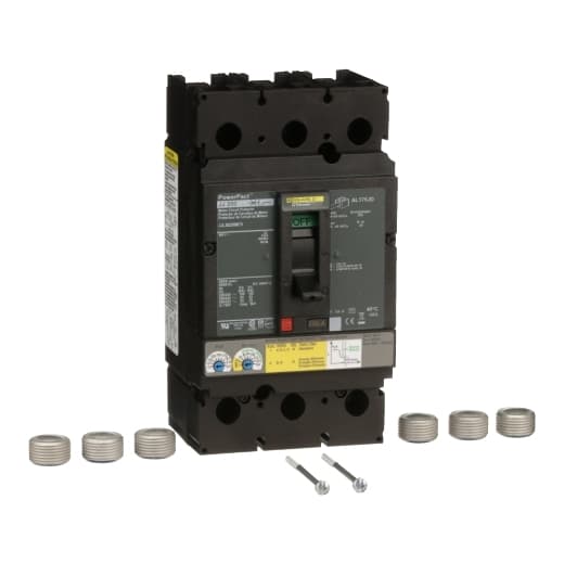 Schneider Electric JJL36250M75 Square D by Schneider Electric JJL36250M75 is a Motor Protection Circuit Breaker (MPCB) within the PowerPacT JJL sub-range, designed for electronic motor protection, manual motor starting, and motor circuit protection. It features a PowerPact J-Frame 250 MCP (I) design with 3 poles (3P), capable of handling a rated current of 250A and a rated insulation voltage (Ui) of 750V. This unit supports a rated voltage (AC) of 600Vac 600Y/347Vac and a rated voltage (DC) of 250Vdc. It is equipped with lugs on both load and line sides for connection, offers instantaneous protection (I) with a protection setting over-current fixed at 250A and adjustable instantaneous protection against short-circuit from 1 to 13 times the rated current (684A to 2500A). The JJL36250M75 has a net height of 191 mm, a net width of 105 mm, and a net depth of 127 mm, with a degree of protection rated at IP40. It operates with a toggle (manual) mechanism and is designed for individual unit mount on a plate. The trip current rating is 250 AT, with a frame current rating of 250 AF. It has a short circuit breaking rating varying from 20kA at 250Vdc to 100kA at 240Vac, according to UL489 standards. The trip unit type is thermal-magnetic (adjustable), belonging to the MCP (I) series, and it does not include a display. The utilization category is A. Schneider Electric JJL36250M75 Square D by Schneider Electric JJL36250M75 is a Motor Protection Circuit Breaker (MPCB) within the PowerPacT JJL sub-range, designed for electronic motor protection, manual motor starting, and motor circuit protection. It features a PowerPact J-Frame 250 MCP (I) design with 3 poles (3P), capable of handling a rated current of 250A and a rated insulation voltage (Ui) of 750V. This unit supports a rated voltage (AC) of 600Vac 600Y/347Vac and a rated voltage (DC) of 250Vdc. It is equipped with lugs on both load and line sides for connection, offers instantaneous protection (I) with a protection setting over-current fixed at 250A and adjustable instantaneous protection against short-circuit from 1 to 13 times the rated current (684A to 2500A). The JJL36250M75 has a net height of 191 mm, a net width of 105 mm, and a net depth of 127 mm, with a degree of protection rated at IP40. It operates with a toggle (manual) mechanism and is designed for individual unit mount on a plate. The trip current rating is 250 AT, with a frame current rating of 250 AF. It has a short circuit breaking rating varying from 20kA at 250Vdc to 100kA at 240Vac, according to UL489 standards. The trip unit type is thermal-magnetic (adjustable), belonging to the MCP (I) series, and it does not include a display. The utilization category is A.