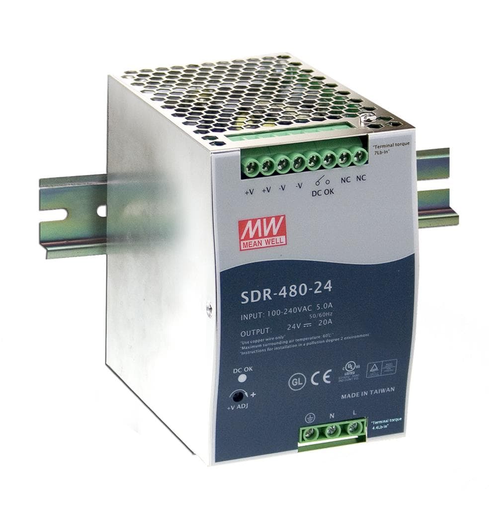 MEAN WELL SDR-480-48 AC-DC Industrial DIN rail power supply; Output 48Vdc at 10A; Metal casing; Ultra slim width 85.5mm MEAN WELL SDR-480-48 AC-DC Industrial DIN rail power supply; Output 48Vdc at 10A; Metal casing; Ultra slim width 85.5mm