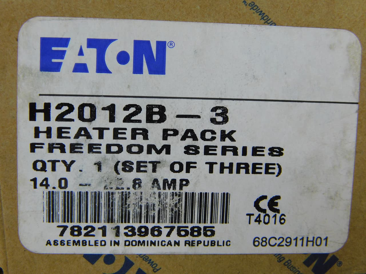 Eaton H2012B-3 H2012B-3 Eaton - Eaton Freedom NEMA heater coil, Freedom/Definite Purpose Heater Pack, Standard Trip, Class 20 , NEMA, IEC , full load range 14A 16.9A 19.9A 22.8A Dial positions A B C D respectively, overload relay 32 or 75A Eaton H2012B-3 H2012B-3 Eaton - Eaton Freedom NEMA heater coil, Freedom/Definite Purpose Heater Pack, Standard Trip, Class 20 , NEMA, IEC , full load range 14A 16.9A 19.9A 22.8A Dial positions A B C D respectively, overload relay 32 or 75A