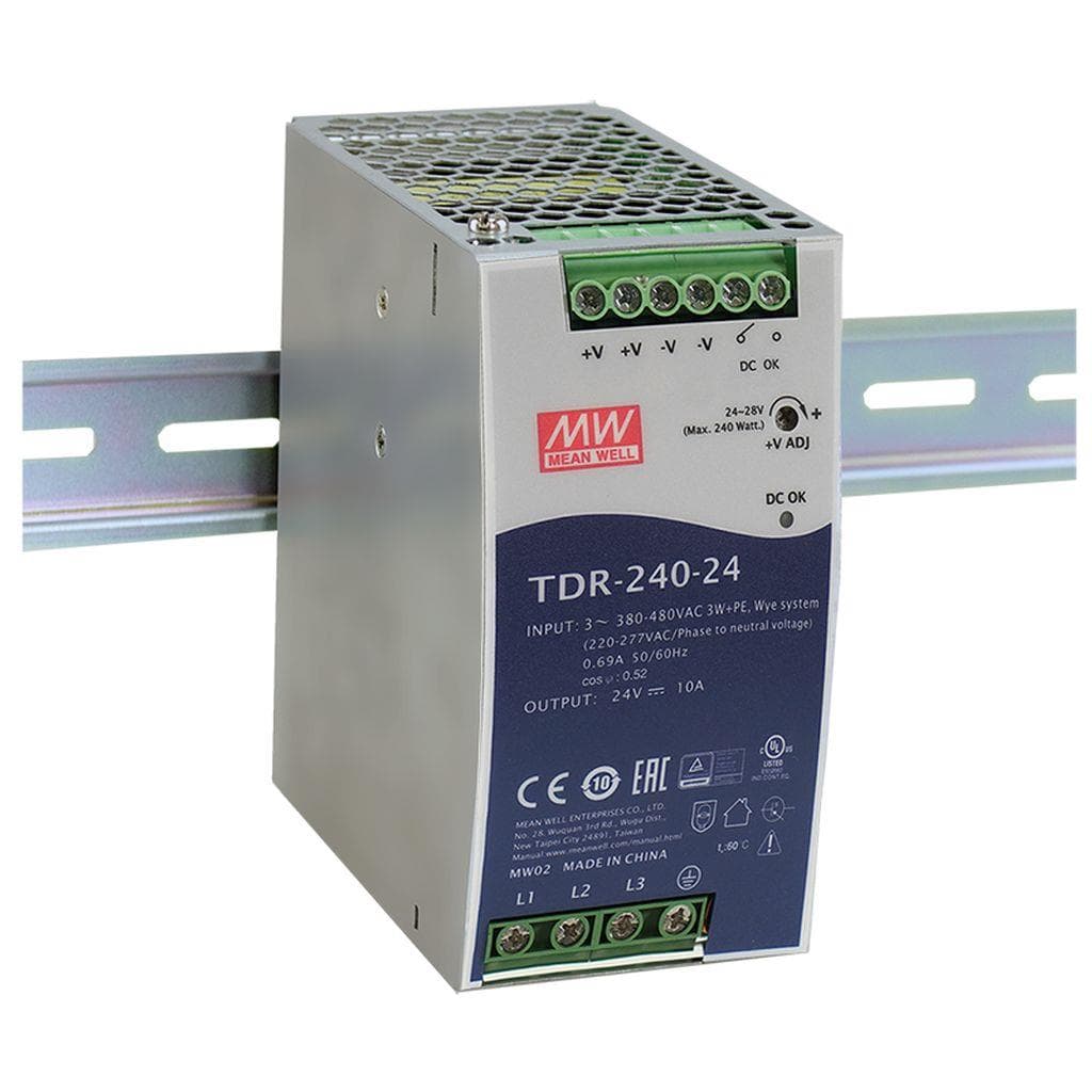 MEAN WELL TDR-240-48 AC-DC Industrial 3-phase DIN rail power supply with PFC and Constant Current; Output 48VDc at 5A; DC OK MEAN WELL TDR-240-48 AC-DC Industrial 3-phase DIN rail power supply with PFC and Constant Current; Output 48VDc at 5A; DC OK