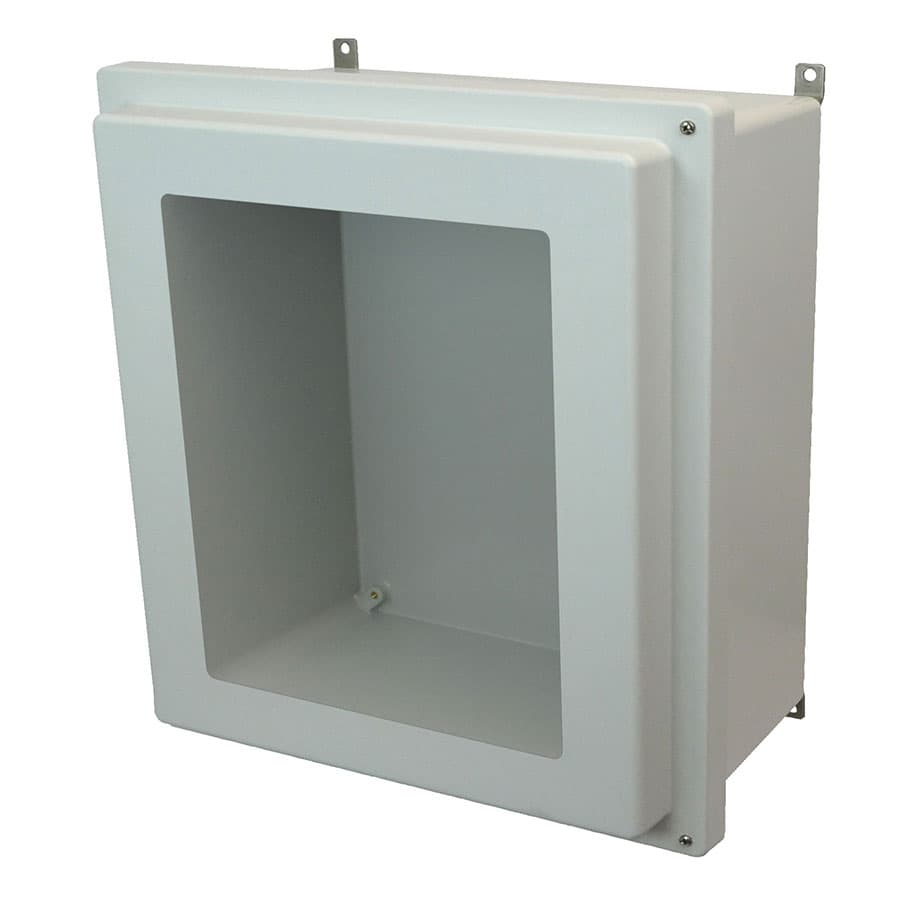 Allied Moulded Products AM1868RHW 18"x16"x8" AM-R Series fiberglass wall mount enclosure assembly with raised 2-screw hinged window cover Allied Moulded Products AM1868RHW 18"x16"x8" AM-R Series fiberglass wall mount enclosure assembly with raised 2-screw hinged window cover
