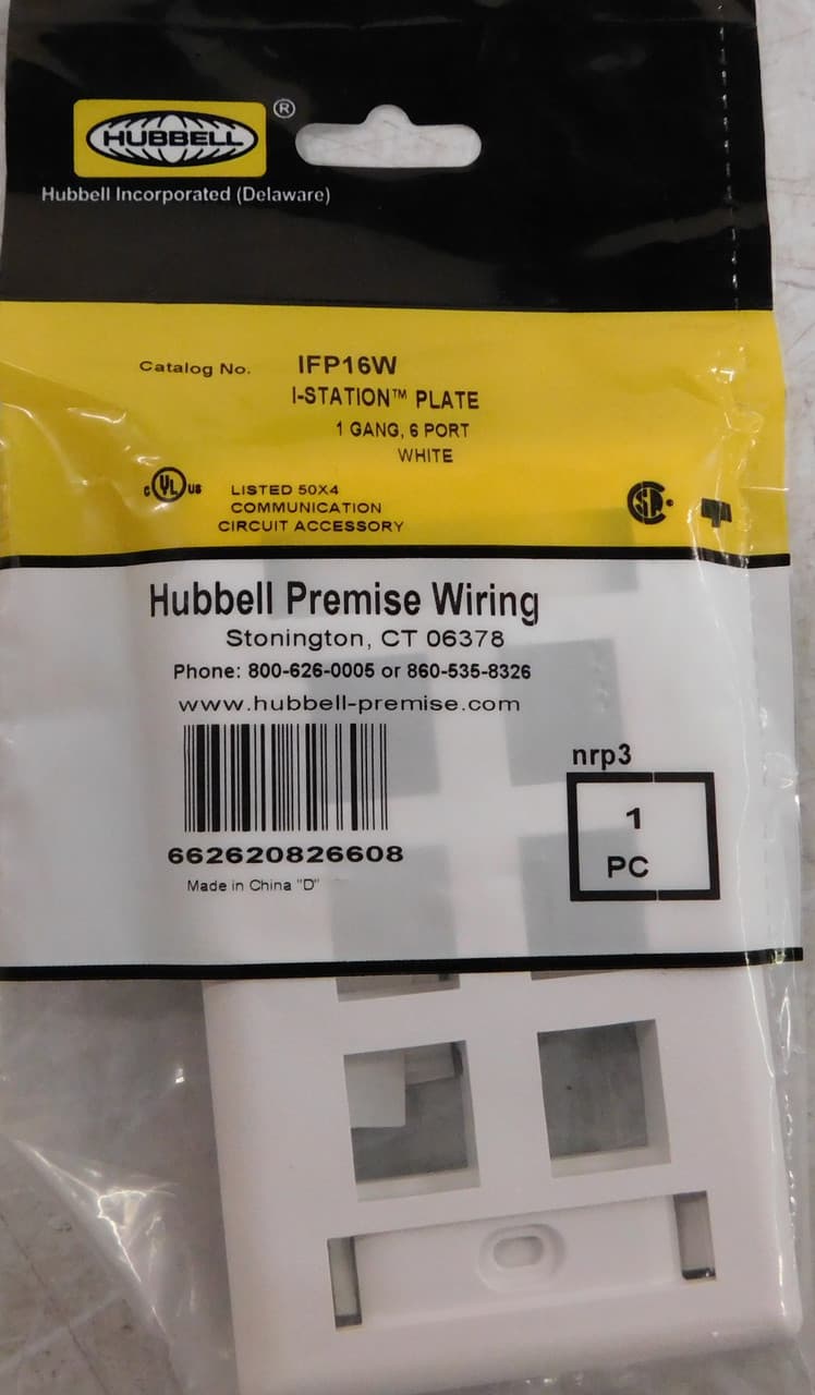 Hubbell IFP16W Phone/Data/Multimedia Face Plate, Face Plate, Rear-Loading, 6-Port, Single-Gang, White ; Fits all Hubbell keystone connections (AV, data and fiber) ; Supplied with paper labels, clear and color match screw covers ; Secure ; Requires removal to access con Hubbell IFP16W Phone/Data/Multimedia Face Plate, Face Plate, Rear-Loading, 6-Port, Single-Gang, White ; Fits all Hubbell keystone connections (AV, data and fiber) ; Supplied with paper labels, clear and color match screw covers ; Secure ; Requires removal to access con