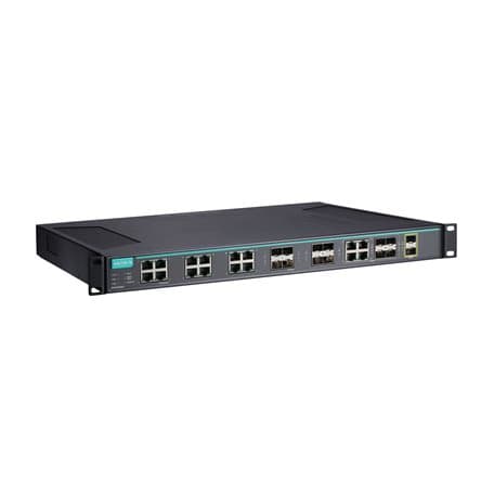 Moxa ICS-G7826A-8GSFP-2XG-HV-HV-T Layer 3 full Gigabit managed Ethernet switch with 12 10/100/1000BaseT(X) ports, 8 100/1000BaseSFP slots, 4 10/100/1000BaseT(X) or 100/1000BaseSFP slot combo ports, 2 10GbE SFP+ slots, 2 isolated power supplies (85 to 264 VAC), -40 to 75°C operating temper Moxa ICS-G7826A-8GSFP-2XG-HV-HV-T Layer 3 full Gigabit managed Ethernet switch with 12 10/100/1000BaseT(X) ports, 8 100/1000BaseSFP slots, 4 10/100/1000BaseT(X) or 100/1000BaseSFP slot combo ports, 2 10GbE SFP+ slots, 2 isolated power supplies (85 to 264 VAC), -40 to 75°C operating temper