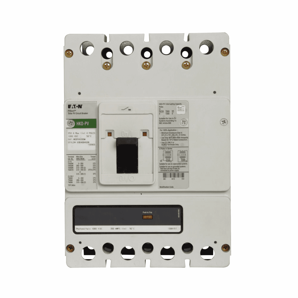 Eaton KDPV4200KW KDPV4200KW Eaton - Molded Case Switch, KD PV frame, 200A, 1000 Vdc, Four-pole, 5 kA, Without terminals Eaton KDPV4200KW KDPV4200KW Eaton - Molded Case Switch, KD PV frame, 200A, 1000 Vdc, Four-pole, 5 kA, Without terminals