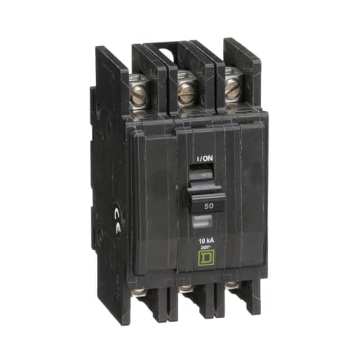 Schneider Electric QOU350 Square D by Schneider Electric QOU350 is a unit-mount miniature circuit breaker (MCB) designed for securing electrical circuits. It features a 3-pole configuration and is capable of handling a rated current of 50A. This MCB is equipped with slotted box lugs connections for both load and line sides, facilitating connections with a cross-section of 14-2AWG for one aluminum or copper cable. It operates efficiently with a rated voltage of 120V or 240V AC and 48V DC. The QOU350 offers a short circuit breaking rating of 10kA at 240Vac and 5kA at 48Vdc, ensuring protection against overcurrents. Its terminals are designed as box lugs for secure and reliable connections. Schneider Electric QOU350 Square D by Schneider Electric QOU350 is a unit-mount miniature circuit breaker (MCB) designed for securing electrical circuits. It features a 3-pole configuration and is capable of handling a rated current of 50A. This MCB is equipped with slotted box lugs connections for both load and line sides, facilitating connections with a cross-section of 14-2AWG for one aluminum or copper cable. It operates efficiently with a rated voltage of 120V or 240V AC and 48V DC. The QOU350 offers a short circuit breaking rating of 10kA at 240Vac and 5kA at 48Vdc, ensuring protection against overcurrents. Its terminals are designed as box lugs for secure and reliable connections.