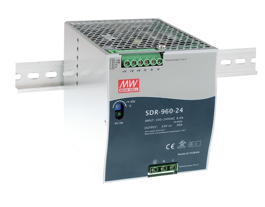MEAN WELL SDR-960-24 AC-DC Industrial DIN rail power supply; Output 24Vdc at 40A; Metal casing; Ultra slim width 110mm; Parallel function MEAN WELL SDR-960-24 AC-DC Industrial DIN rail power supply; Output 24Vdc at 40A; Metal casing; Ultra slim width 110mm; Parallel function