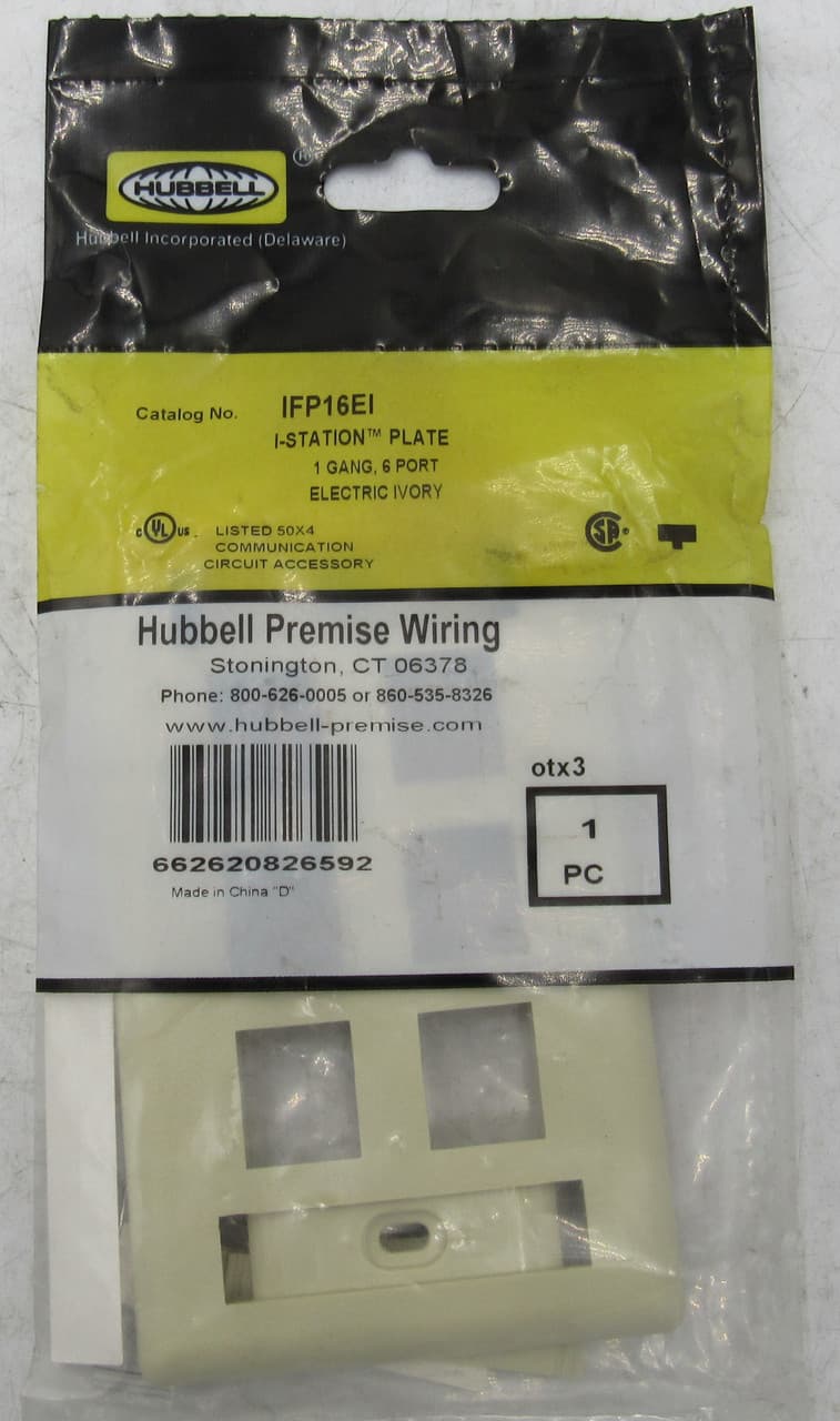 Hubbell IFP16EI Phone/Data/Multimedia Face Plate, Face Plate, Rear-Loading, 6-Port, Single-Gang, Electric Ivory ; Fits all Hubbell keystone connections (AV, data and fiber) ; Supplied with paper labels, clear and color match screw covers ; Secure ; Requires removal to a Hubbell IFP16EI Phone/Data/Multimedia Face Plate, Face Plate, Rear-Loading, 6-Port, Single-Gang, Electric Ivory ; Fits all Hubbell keystone connections (AV, data and fiber) ; Supplied with paper labels, clear and color match screw covers ; Secure ; Requires removal to a