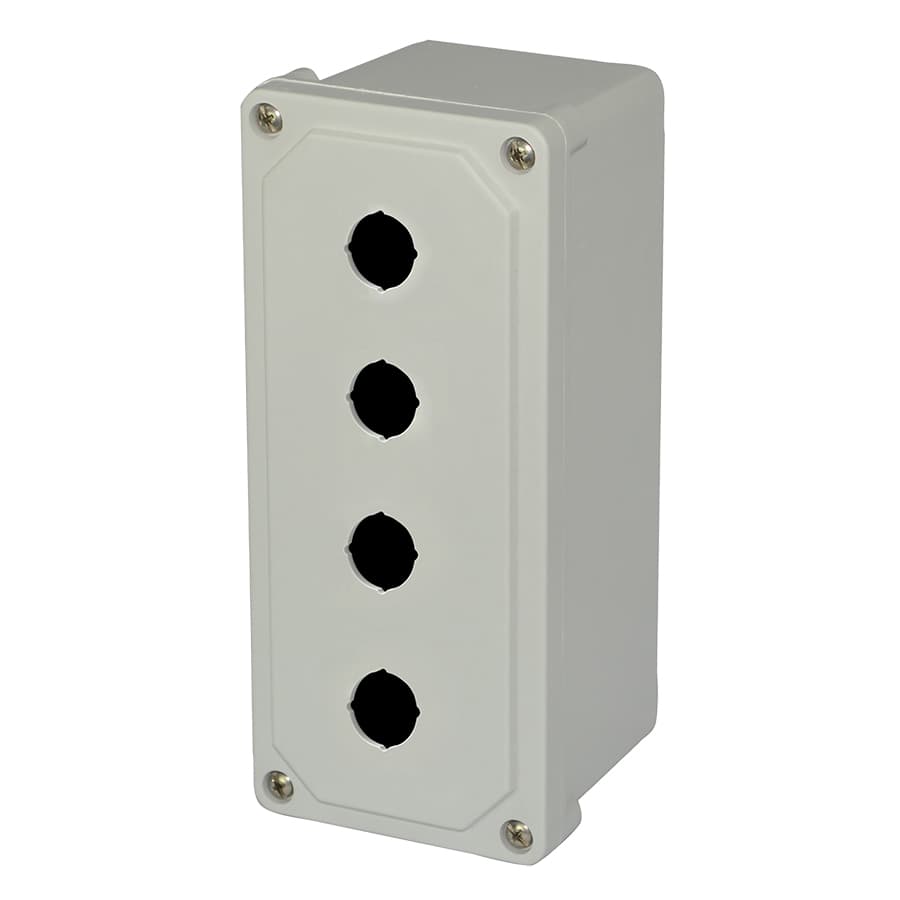 Allied Moulded Products AM4PB22 9x4x3 AM Series fiberglass small junction box with 4-screw lift-off cover and 4 (22.5mm) pushbutton holes Allied Moulded Products AM4PB22 9x4x3 AM Series fiberglass small junction box with 4-screw lift-off cover and 4 (22.5mm) pushbutton holes