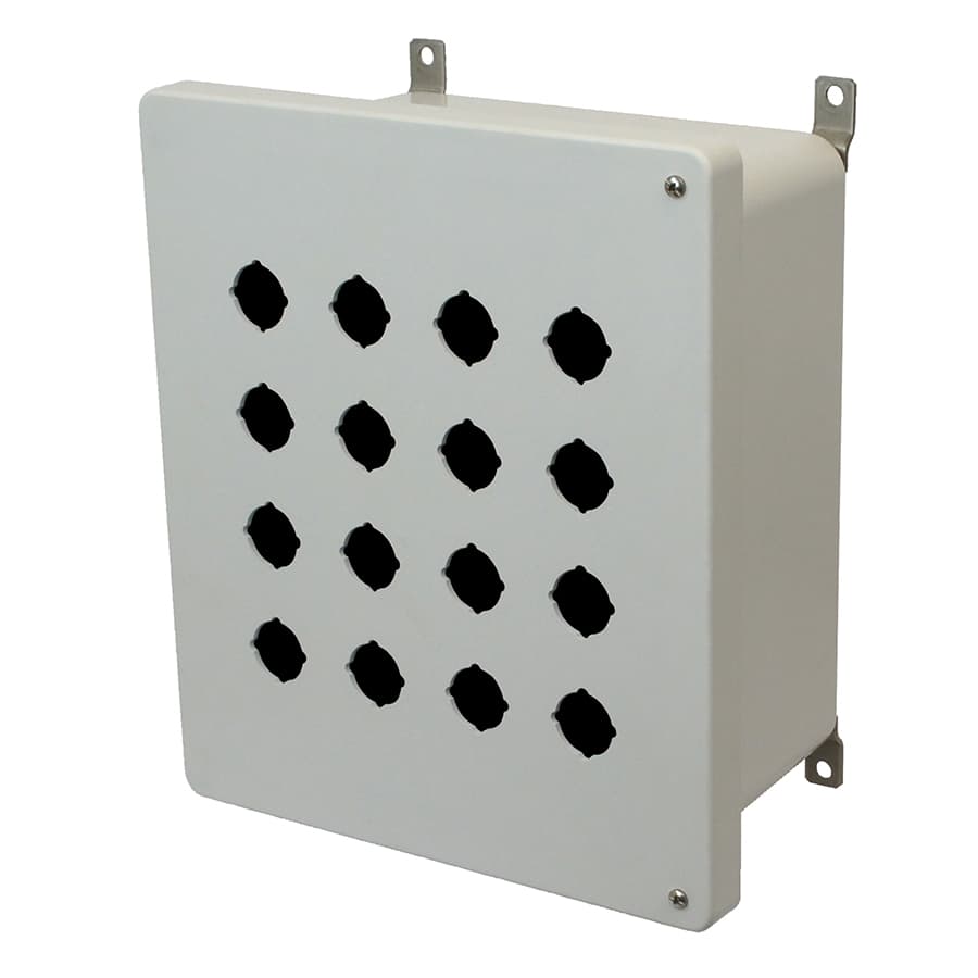 Allied Moulded Products AM1206HP16 12"x10"x6" AM Series fiberglass wall mount enclosure assembly with 2-screw hinged cover and 16 pushbutton holes Allied Moulded Products AM1206HP16 12"x10"x6" AM Series fiberglass wall mount enclosure assembly with 2-screw hinged cover and 16 pushbutton holes