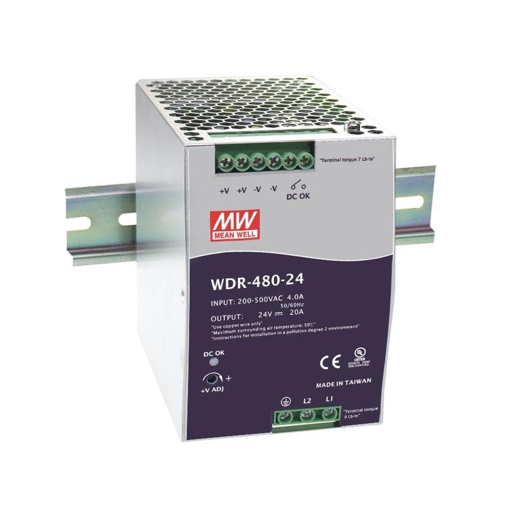 MEAN WELL WDR-480-48 AC-DC Industrial DIN rail power supply; Output 48Vdc at 10A; metal case; Ultra wide input 180-550Vac for single and two phase mains network MEAN WELL WDR-480-48 AC-DC Industrial DIN rail power supply; Output 48Vdc at 10A; metal case; Ultra wide input 180-550Vac for single and two phase mains network