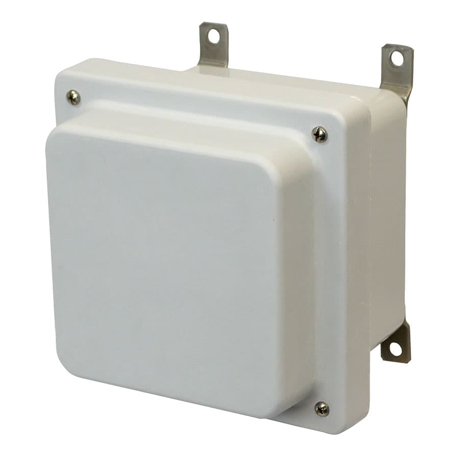 Allied Moulded Products AM664R 6"x6"x4" AM Series fiberglass wall mount enclosure assembly with raised 4-screw lift-off cover Allied Moulded Products AM664R 6"x6"x4" AM Series fiberglass wall mount enclosure assembly with raised 4-screw lift-off cover