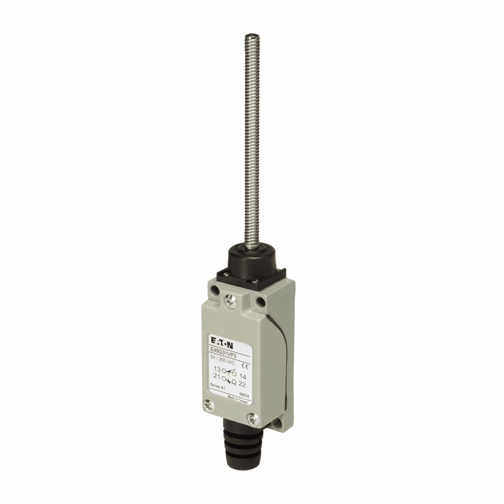 Eaton E49G31VP3 E49G31VP3 Eaton - Eaton E49 mini metal limit switch, Wobble Stick, Metal Spring, Head and Body: Zinc Alloy, Terminal Cover: ABS Plastic enclosure, 5A max AC, 5A max DC, 1NO-1NC, 5A at 250V, 5A at 30Vdc, Screw Terminals Eaton E49G31VP3 E49G31VP3 Eaton - Eaton E49 mini metal limit switch, Wobble Stick, Metal Spring, Head and Body: Zinc Alloy, Terminal Cover: ABS Plastic enclosure, 5A max AC, 5A max DC, 1NO-1NC, 5A at 250V, 5A at 30Vdc, Screw Terminals
