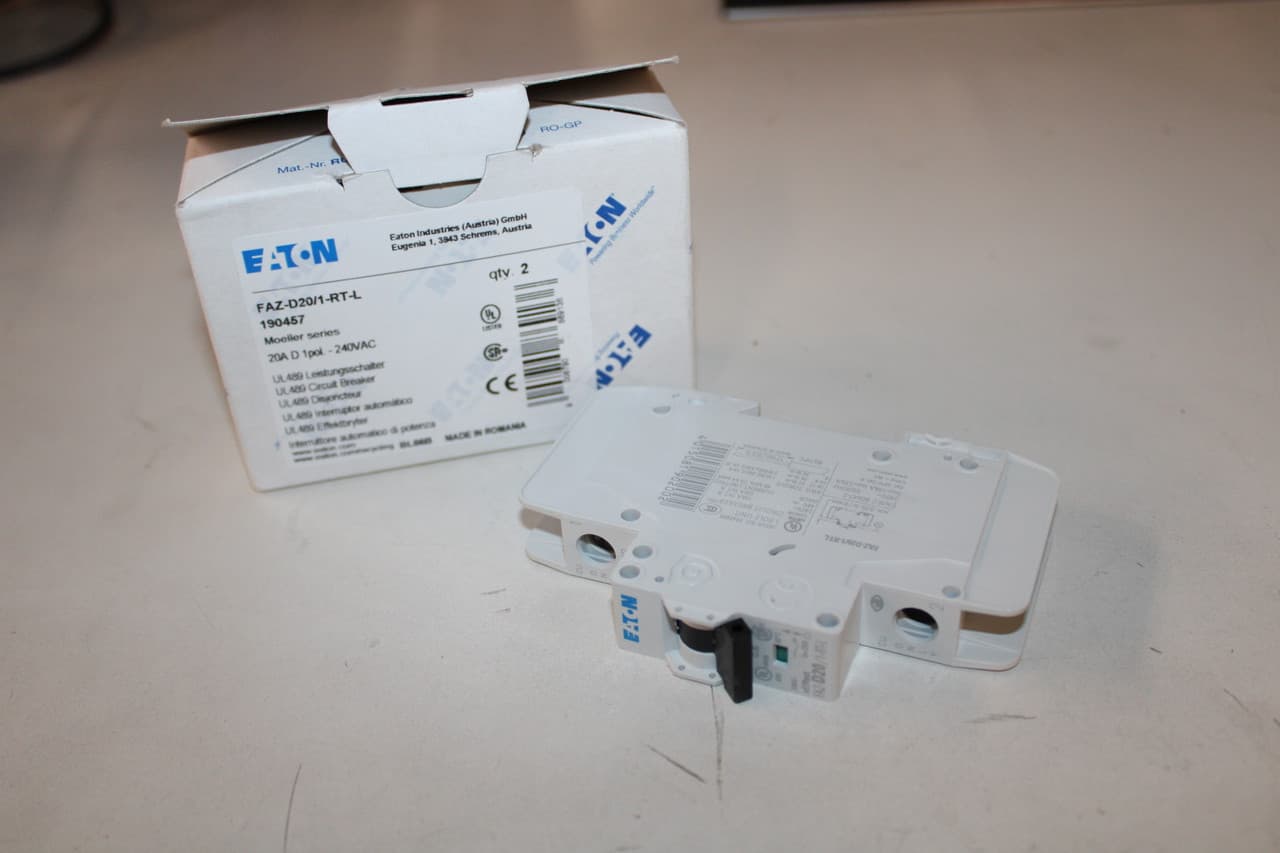 Eaton FAZ-D20/1-RT-L Miniature circuir breaker, 1 pole, 20 A, D trip curve, 240 VAC, ring-tongue terminals, UL489 Eaton FAZ-D20/1-RT-L Miniature circuir breaker, 1 pole, 20 A, D trip curve, 240 VAC, ring-tongue terminals, UL489