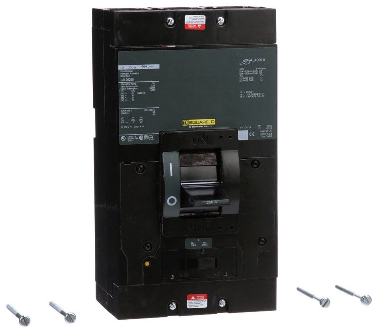 Schneider Electric LAL36250 Square D by Schneider Electric LAL36250 is a Moulded Case Circuit Breaker (MCCB) within the PowerPacT LAL sub-range, featuring a PowerPacT LA-Frame 600 TMD with 3 poles (3P) and a rated current of 250A. It is designed for a rated insulation voltage (Ui) of 750 V, a rated voltage (AC) of 600Vac 600Y/347Vac, and a rated voltage (DC) of 250Vdc. The connection type includes lugs on both load and line sides, and it is intended for individual unit mount on plate. The LAL36250 offers thermal protection for overload and magnetic protection for short-circuit situations, with protection settings for over-current fixed at 250A and short-circuit pickup current adjustable between 1250A and 2500A. It has a net height of 280 mm, a net width of 153 mm, and a net depth of 150 mm, with a degree of protection rated at IP40. The operating mode is manual toggle, and it features a trip current rating of 250 AT, a frame current rating of 600 AF, and a short circuit breaking rating that varies depending on the voltage, up to 42kA at 240Vac according to UL489 standards. The trip unit type is thermal-magnetic (adjustable) without a display, and it falls under utilisation category A. Schneider Electric LAL36250 Square D by Schneider Electric LAL36250 is a Moulded Case Circuit Breaker (MCCB) within the PowerPacT LAL sub-range, featuring a PowerPacT LA-Frame 600 TMD with 3 poles (3P) and a rated current of 250A. It is designed for a rated insulation voltage (Ui) of 750 V, a rated voltage (AC) of 600Vac 600Y/347Vac, and a rated voltage (DC) of 250Vdc. The connection type includes lugs on both load and line sides, and it is intended for individual unit mount on plate. The LAL36250 offers thermal protection for overload and magnetic protection for short-circuit situations, with protection settings for over-current fixed at 250A and short-circuit pickup current adjustable between 1250A and 2500A. It has a net height of 280 mm, a net width of 153 mm, and a net depth of 150 mm, with a degree of protection rated at IP40. The operating mode is manual toggle, and it features a trip current rating of 250 AT, a frame current rating of 600 AF, and a short circuit breaking rating that varies depending on the voltage, up to 42kA at 240Vac according to UL489 standards. The trip unit type is thermal-magnetic (adjustable) without a display, and it falls under utilisation category A.