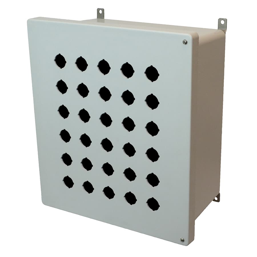 Allied Moulded Products AM1648HP30 16"x14"x8" AM Series fiberglass wall mount enclosure assembly with 2-screw hinged cover and 30 pushbutton holes Allied Moulded Products AM1648HP30 16"x14"x8" AM Series fiberglass wall mount enclosure assembly with 2-screw hinged cover and 30 pushbutton holes