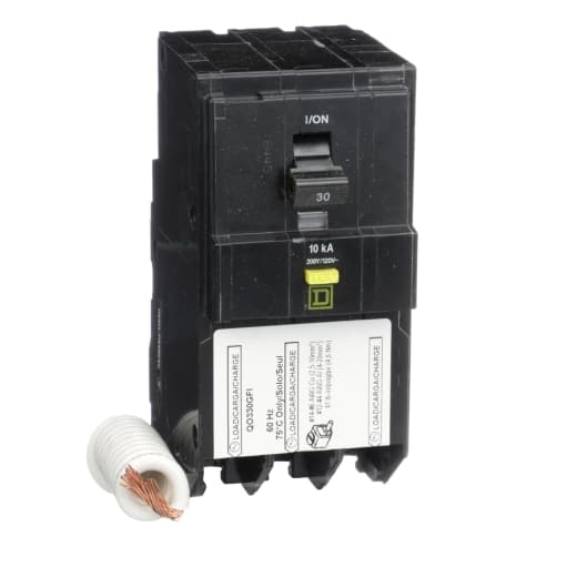 Schneider Electric QO330GFI Square D by Schneider Electric QO330GFI is a Ground Fault Interrupter (GFI) Miniature Circuit Breaker (MCB) designed for plug-in mounting. It features a rated current of 30A with a plug-in connection type and operates at a rated voltage of 208V AC. This 3-pole circuit breaker is compatible with a wire cross-section of 14-8AWG for one copper cable and includes press plate terminals. It offers a residual current sensitivity of 6mA/0.006 and provides ground fault protection. The QO330GFI has a short circuit breaking rating of 10kA at both 120Vac and 208Vac. Schneider Electric QO330GFI Square D by Schneider Electric QO330GFI is a Ground Fault Interrupter (GFI) Miniature Circuit Breaker (MCB) designed for plug-in mounting. It features a rated current of 30A with a plug-in connection type and operates at a rated voltage of 208V AC. This 3-pole circuit breaker is compatible with a wire cross-section of 14-8AWG for one copper cable and includes press plate terminals. It offers a residual current sensitivity of 6mA/0.006 and provides ground fault protection. The QO330GFI has a short circuit breaking rating of 10kA at both 120Vac and 208Vac.