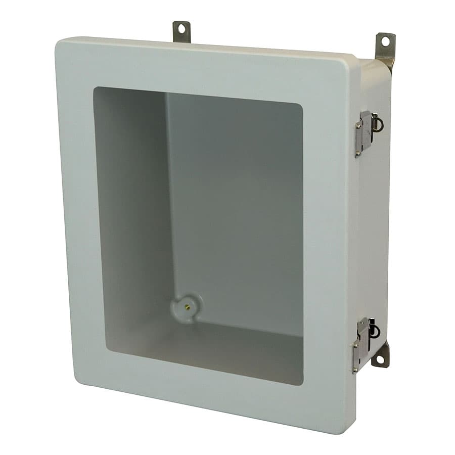 Allied Moulded Products AM1426LW 14"x12"x6" AM Series fiberglass wall mount enclosure assembly with hinged window cover and stainless-steel snap latch Allied Moulded Products AM1426LW 14"x12"x6" AM Series fiberglass wall mount enclosure assembly with hinged window cover and stainless-steel snap latch