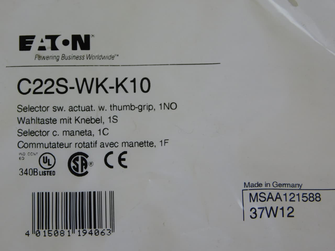 Eaton C22S-WK-K10 C22S-WK-K10 Eaton - Eaton C22 compact pushbutton, C22, 22.5 mm Compact Pushbutton Selector Switch, Non-Illuminated, Knob, Button: Black Bezel, Momentary, 40°, Button: Button: Black/White, 1NO, 3-position Eaton C22S-WK-K10 C22S-WK-K10 Eaton - Eaton C22 compact pushbutton, C22, 22.5 mm Compact Pushbutton Selector Switch, Non-Illuminated, Knob, Button: Black Bezel, Momentary, 40°, Button: Button: Black/White, 1NO, 3-position