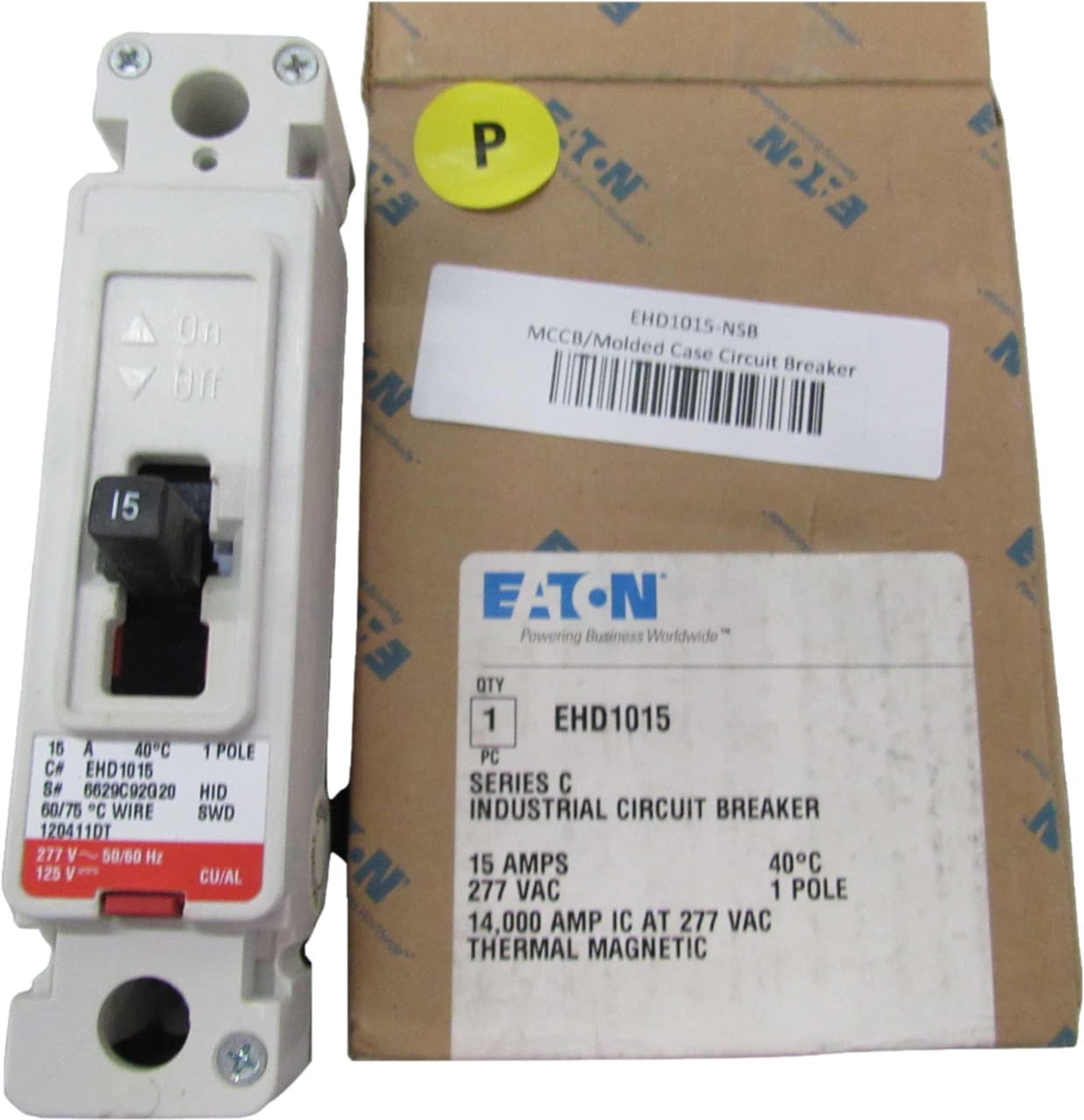 Eaton EHD1015 EHD1015 Eaton - Eaton Series C complete molded case circuit breaker, F-frame, EHD, Complete breaker, Fixed thermal, Fixed magnetic trip type, Single-pole, 15 A, Load side, 50/60 Hz Eaton EHD1015 EHD1015 Eaton - Eaton Series C complete molded case circuit breaker, F-frame, EHD, Complete breaker, Fixed thermal, Fixed magnetic trip type, Single-pole, 15 A, Load side, 50/60 Hz