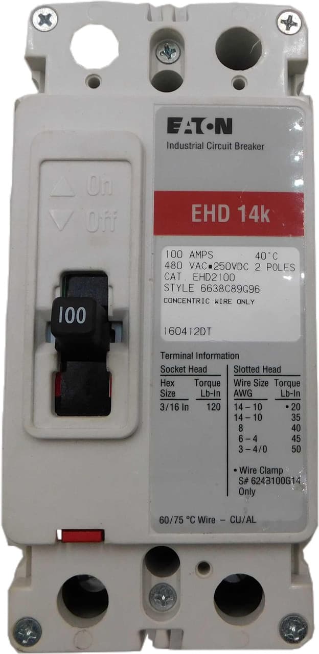 Eaton EHD2100 EHD2100 Eaton - Eaton Series C complete molded case circuit breaker, F-frame, EHD, Complete breaker, Fixed thermal, Fixed magnetic trip type, Two-pole, 100 A, 18 kAIC at 240 Vac, 14 kAIC at 480 Vac, Load side, 50/60 Hz Eaton EHD2100 EHD2100 Eaton - Eaton Series C complete molded case circuit breaker, F-frame, EHD, Complete breaker, Fixed thermal, Fixed magnetic trip type, Two-pole, 100 A, 18 kAIC at 240 Vac, 14 kAIC at 480 Vac, Load side, 50/60 Hz