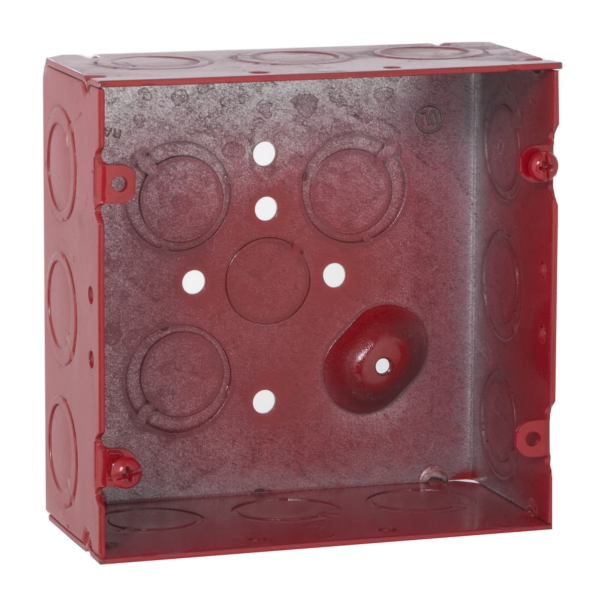 Hubbell 911-12 4-11/16 in. Life Safety Square Box, Welded, 2-1/8 in. Deep, One 1/2 in. KO & Fifteen TKO's, Red ; Combination screw heads provide for faster installation ; TKO knockouts allow for design and installation flexibility ; Red boxes, covers and extensions for Hubbell 911-12 4-11/16 in. Life Safety Square Box, Welded, 2-1/8 in. Deep, One 1/2 in. KO & Fifteen TKO's, Red ; Combination screw heads provide for faster installation ; TKO knockouts allow for design and installation flexibility ; Red boxes, covers and extensions for