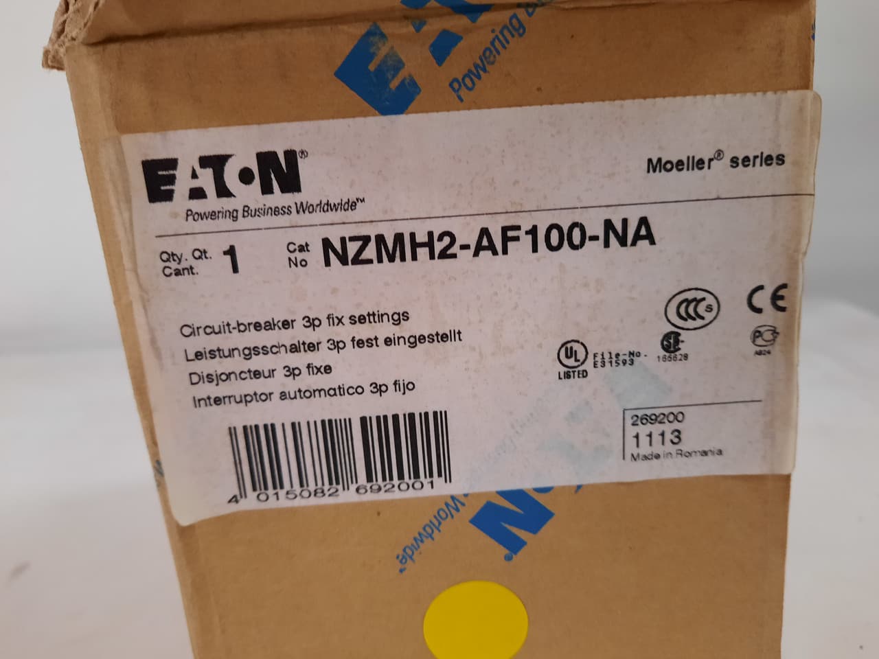 Eaton NZMH2-AF100-NA 600 VAC Star/347 VAC, 480 V, 100 A, 150 kA, 3-Pole, Front Screw Terminal, NZM2 Frame, Fixed Thermal Magnetic Eaton NZMH2-AF100-NA 600 VAC Star/347 VAC, 480 V, 100 A, 150 kA, 3-Pole, Front Screw Terminal, NZM2 Frame, Fixed Thermal Magnetic