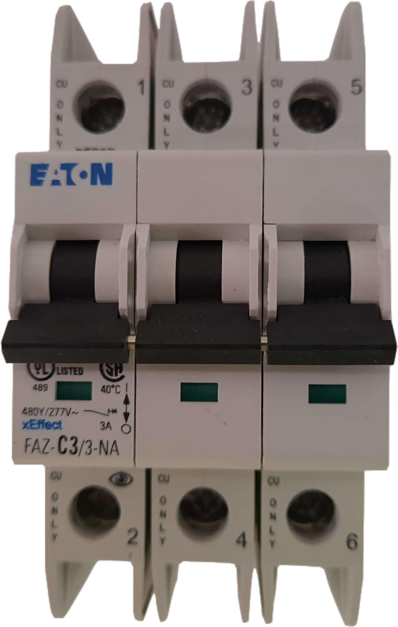 Eaton FAZ-C3/3-NA 277/480 VAC 50/60 Hz, 3 A, 3-Pole, 10/14 kA, 5 to 10 x Rated Current, Screw Terminal, DIN Rail Mount, Standard Packaging, C-Curve, Current Limiting, Thermal Magnetic Eaton FAZ-C3/3-NA 277/480 VAC 50/60 Hz, 3 A, 3-Pole, 10/14 kA, 5 to 10 x Rated Current, Screw Terminal, DIN Rail Mount, Standard Packaging, C-Curve, Current Limiting, Thermal Magnetic