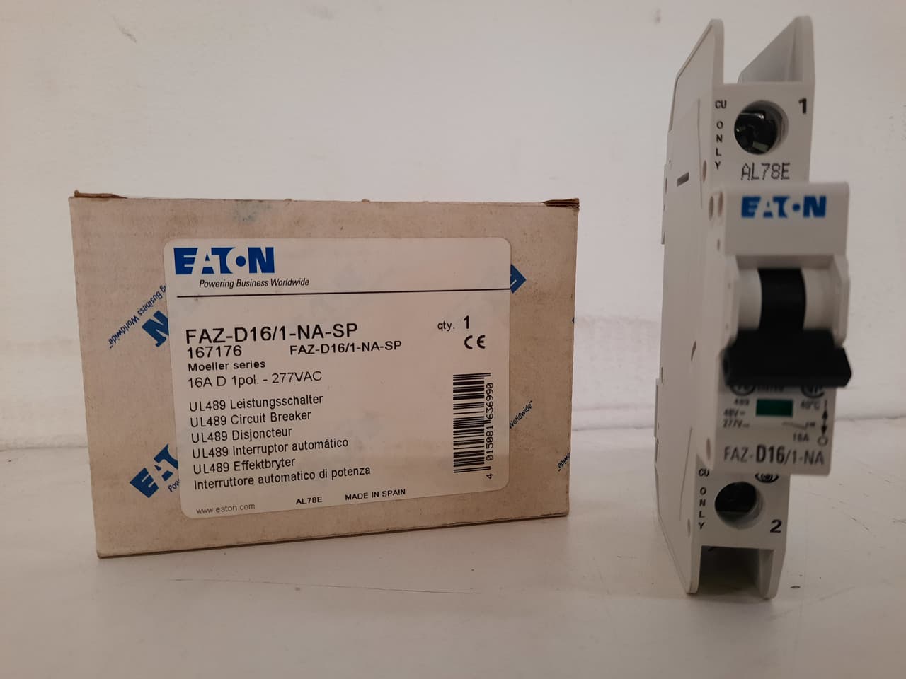 Eaton FAZ-D16/1-NA-SP Eaton FAZ branch protector,UL 489 Industrial miniature circuit breaker - supplementary protector,Single package,High levels of inrush current are expected,16 A,10 kAIC,Single-pole,277 V,10-20X /n,Q38,50-60 Hz,Screw terminals,D Curve Eaton FAZ-D16/1-NA-SP Eaton FAZ branch protector,UL 489 Industrial miniature circuit breaker - supplementary protector,Single package,High levels of inrush current are expected,16 A,10 kAIC,Single-pole,277 V,10-20X /n,Q38,50-60 Hz,Screw terminals,D Curve